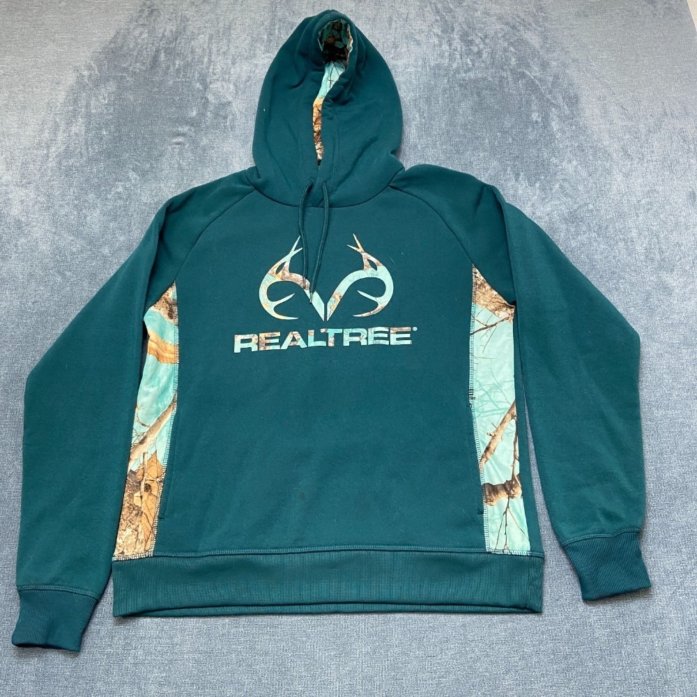 RealTree Hoodie Men Medium Teal Camouflage Inset Fleece Lined Drawstring Graphic